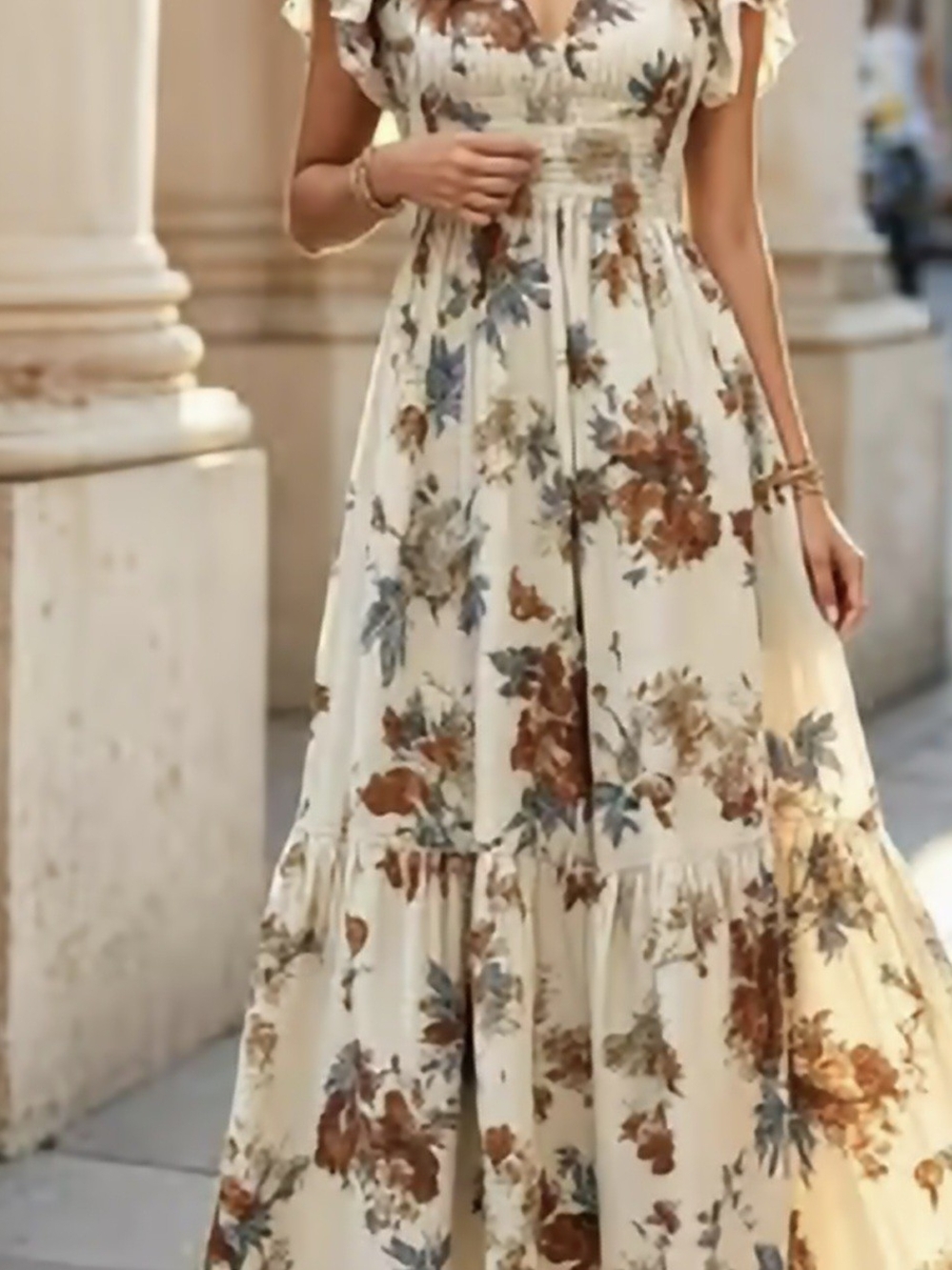 Floral Tiered Maxi Skirt - Cream with Brown & Blue Floral